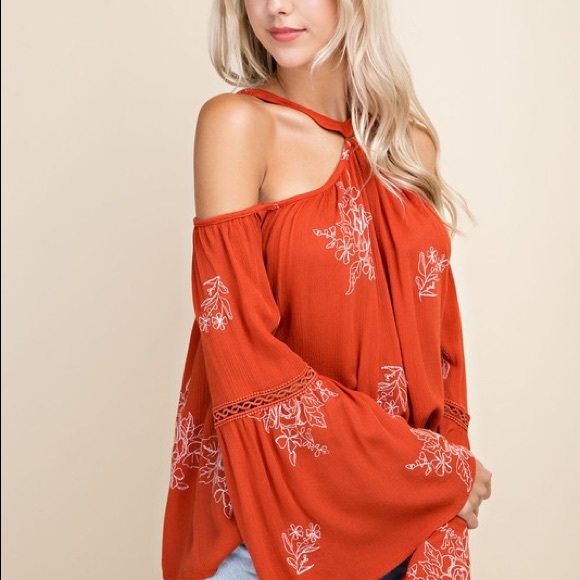 ❤️LAST ONE! BOHO Rust Embroidered Halter Style Top - Picture 2 of 4